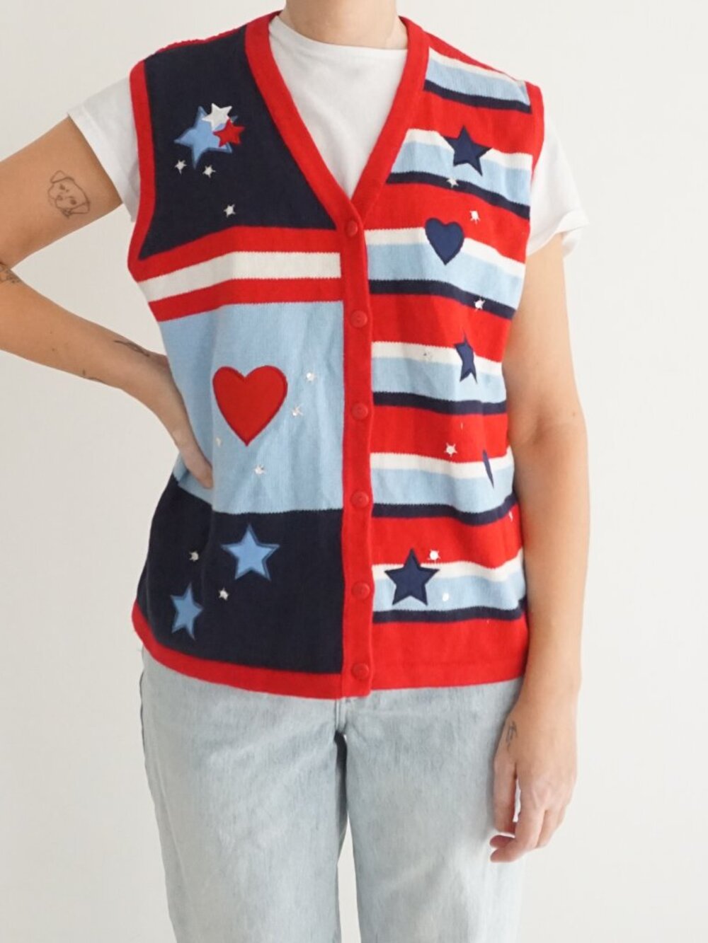 Karen Scott Red Blue Stripe Star Heart Button Knit Vest Patriotic Americana M